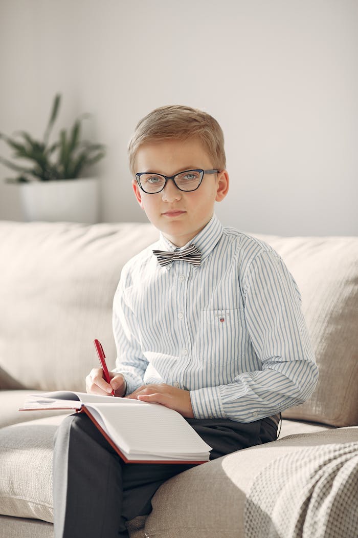 A focused young boy with eyeglasses sitting on a couch, studying with a notebook and pen.